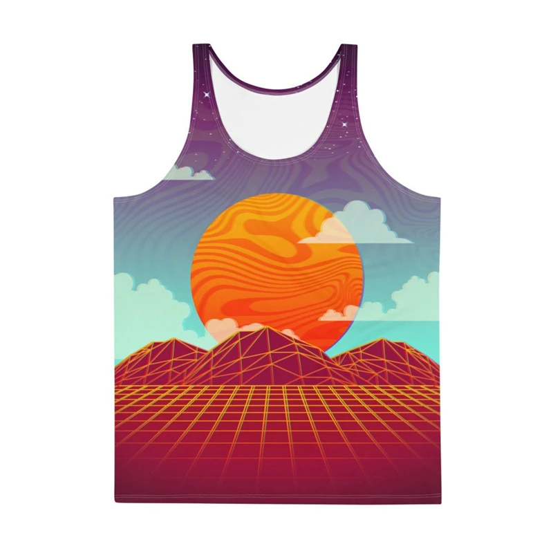 Summer New Sunset Pattern Tank Top Men Colorful 3d Print Optical Illusion Sleeveless Tee Street Casual Loose Round Neck Vest