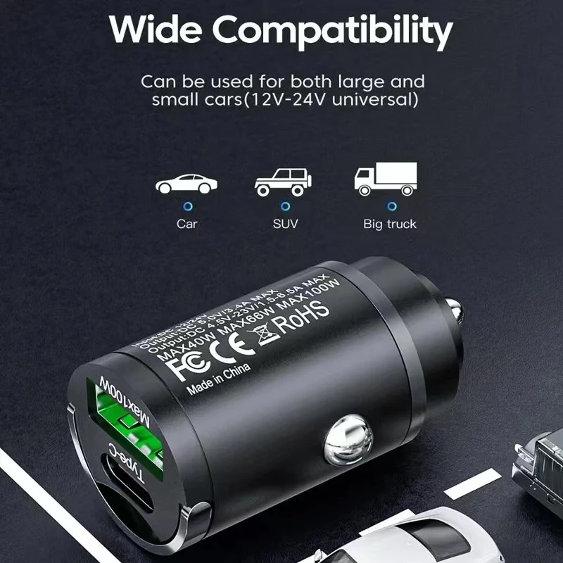 VAORLO Mini Invisible Pull Ring Car Charger USB 100W+Type-C/PD30W+QC3.0 Daul Port Super Fast Flash Charging Phone Charge Adapter