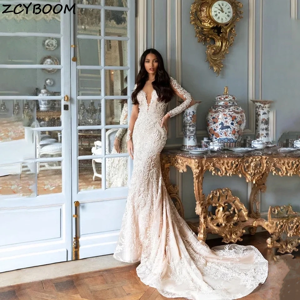 

Customized Elegant Sexy Appliques Sweetheart Mermaid Wedding Dresses 2025 Backless Button Sweep Train Bridal Gowns Plus Size