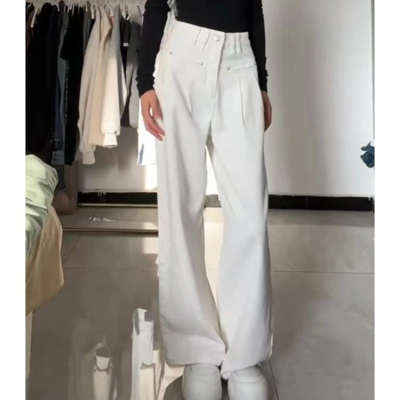 Calça jeans feminina vintage calças retas outono primavera moda feminina branco preto calças de perna larga jeans casuais