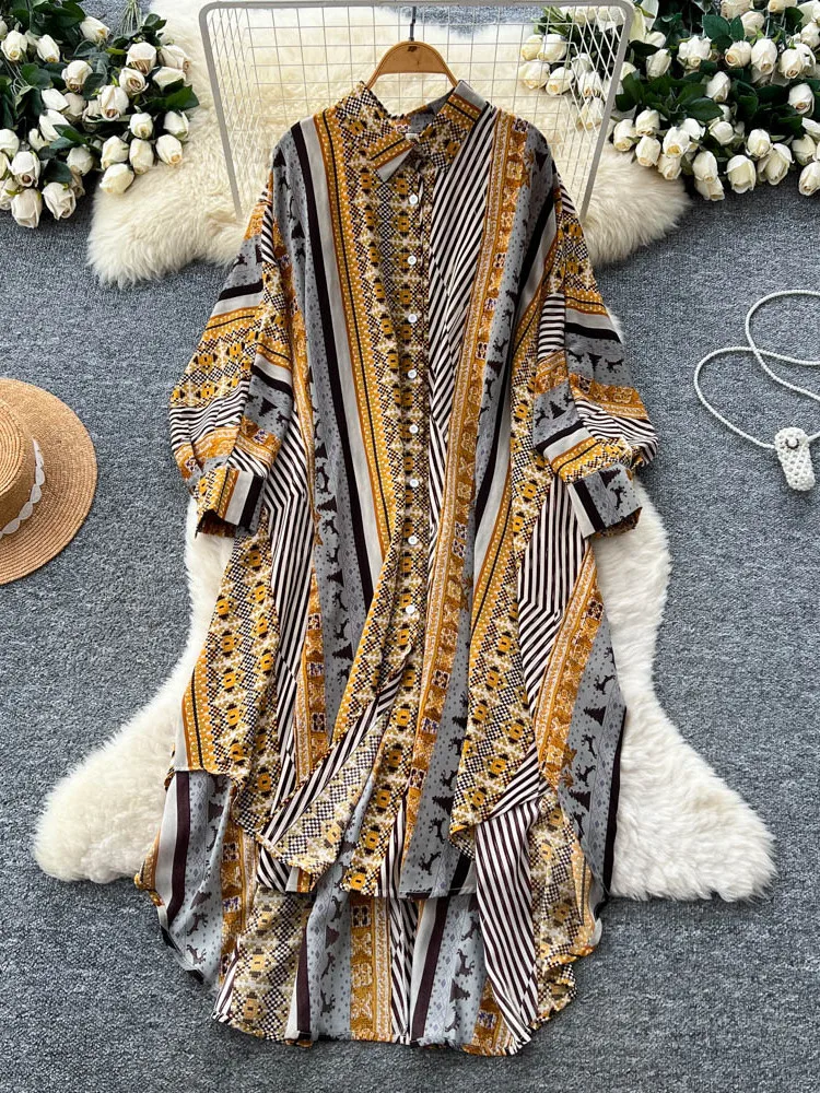 2026 جديد الخريف المرأة موضة ترتيب الأسرة طوق فستان بكم طويل فضفاض عادية واحدة الصدر قميص مطبوع فستان #4