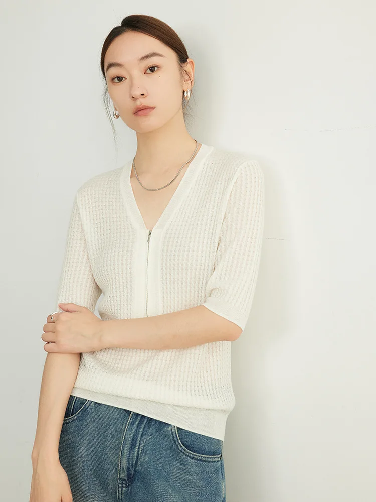 SuyaDream, Women Short Sleeves Pullovers, 37.9%Sheep Wool, V Neck, Cable-knit Sweaters, 2024 Fall Winter Top, Grey, White