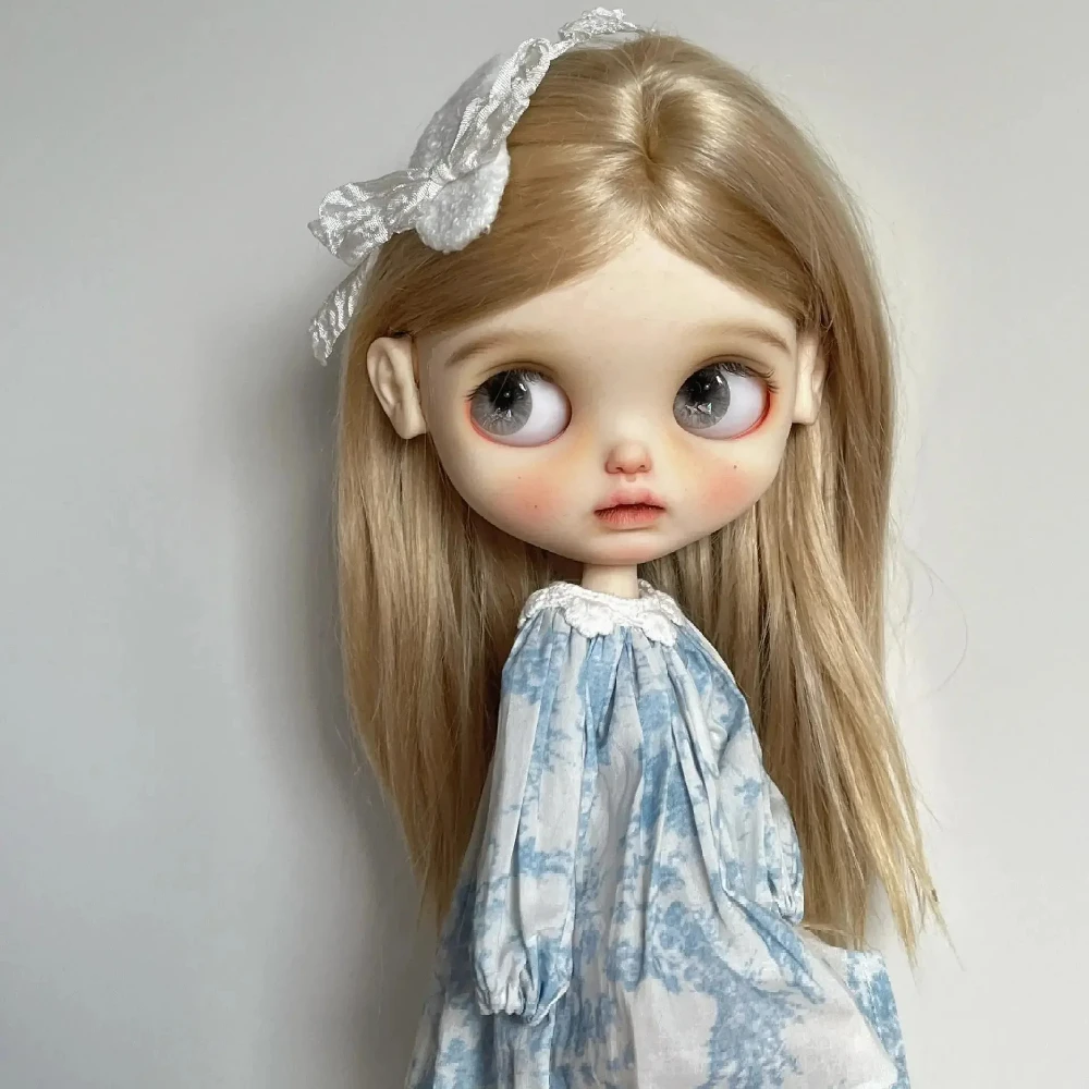 For Blythe Doll 30CM Doll Clothes OB24 Azone Long Sleeve Blue Floral Dress Lace Neck Bishop Sleeve Doll Dress Clothes Girl Gift