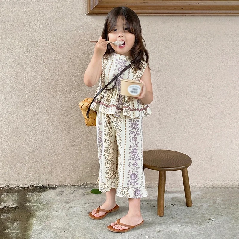 Baby Girls Clothes Sets Kid Summer Resort Style Sleeveless Print Tops Nine-point Pants Fashion Beach Clothing 3 8 Years