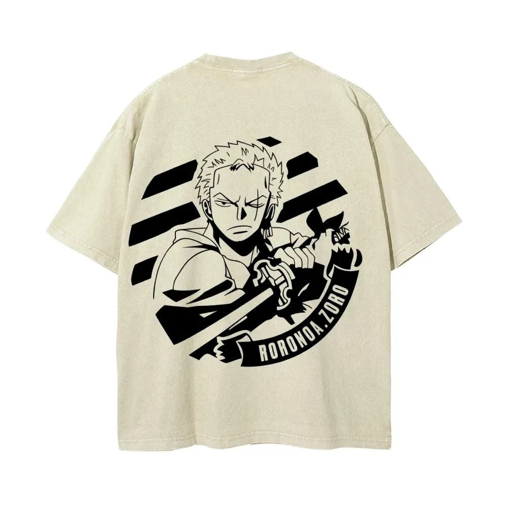 One Piece Herren- und Damen-T-Shirt im Used-Look, Roronoa Zoro Kleidung, Sommer- und Frühlings-Anime-Nischen-T-Shirt, Retro Distressed Kurzarm