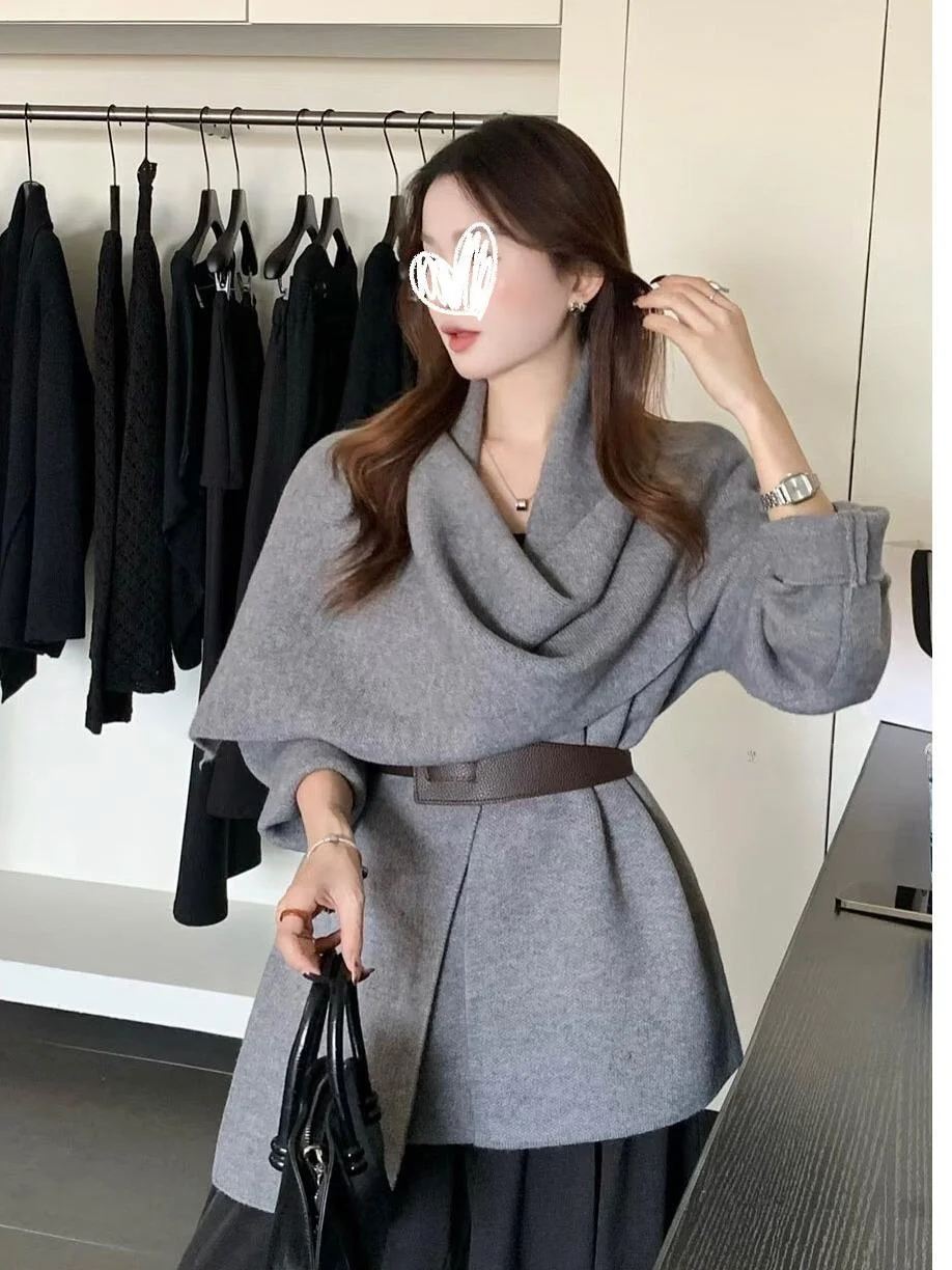 

Korean Style Loose Atmosphere Scarf Collar Knitted Open Cardigan Coat Asymmetric Design Belted Outerwear Casual Soft Long Sleeve
