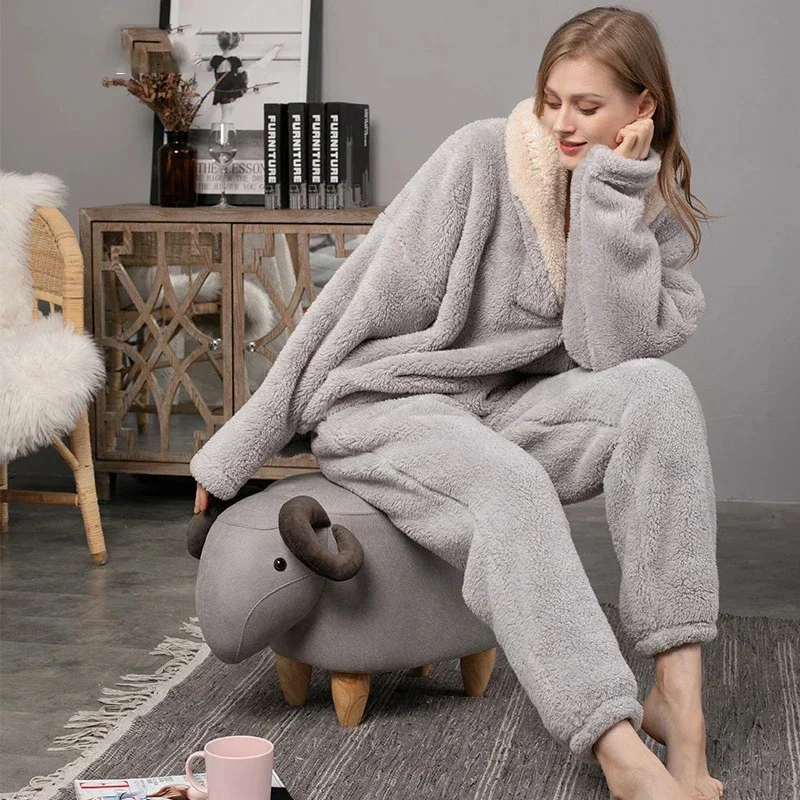 Women's Fleece Winter Thick Pajamas Set 2 Pcs With Pant Ladies Sleepwear Turn Down Collar Flannel Warm Pijama Suit For Female