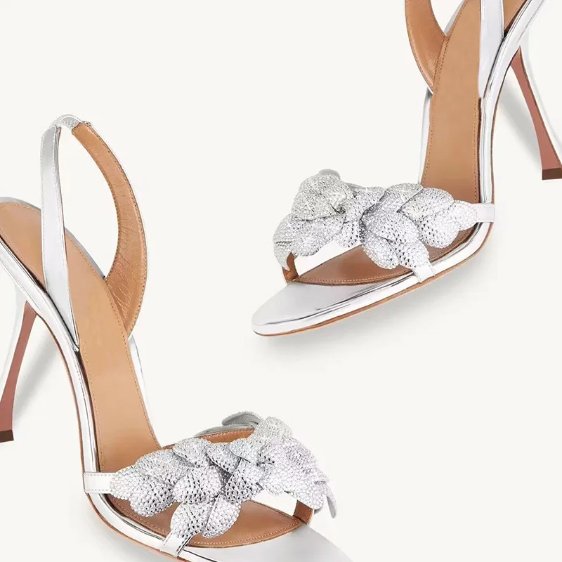 الفضة لامعة براءات الاختراع والجلود حجر الراين الصنادل ثلاثي الأبعاد زهرة جولة تو حزام مطاط خنجر عالية الكعب أحذية النساء #3