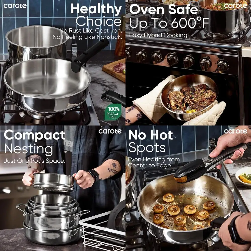 

Nonstick 14-Piece Stainless Steel Cookware Set with Removable Handles, Induction Compatible, Oven and Camping Safe, Black