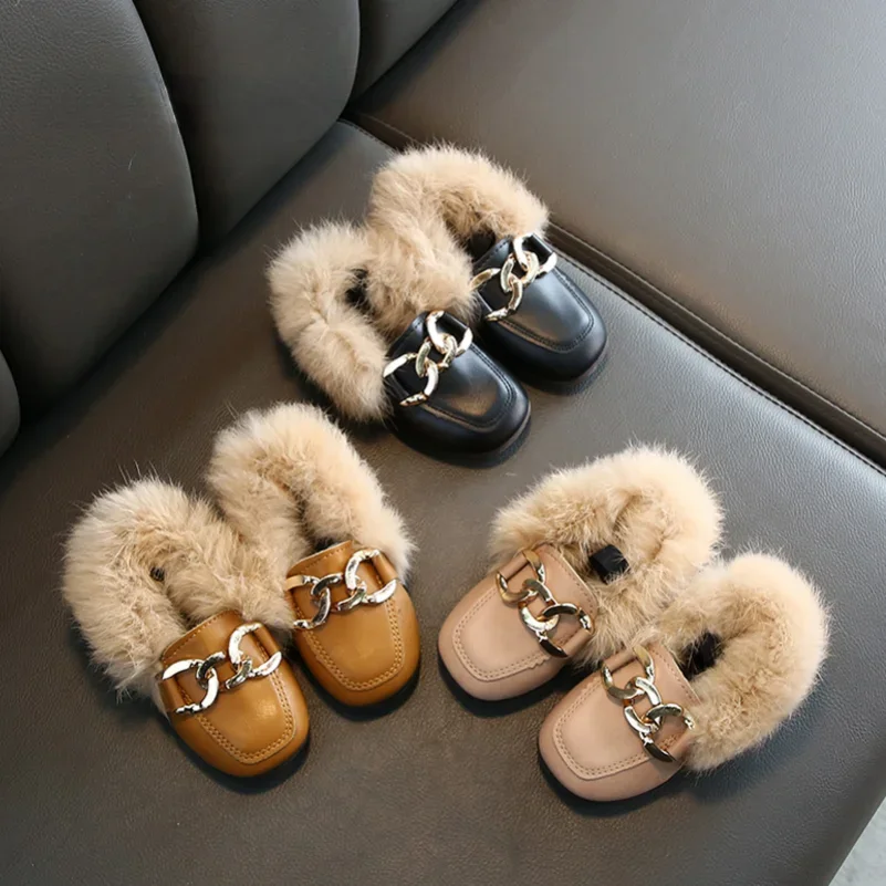 2023 Girls Brand Design Kids Warm Plush Shoes Child Luxury Real Rabbit Fur Mules with Metal Chain and Elastic Band