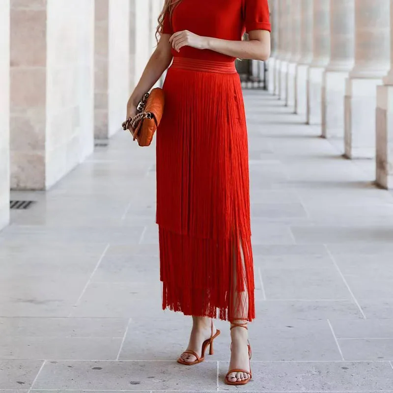 Temperament Hohe Taille Einfarbig Quaste Röcke Sommer Neue Einfache Party Lange Röcke Elegante Damen Lose Big Hem Bankett Röcke