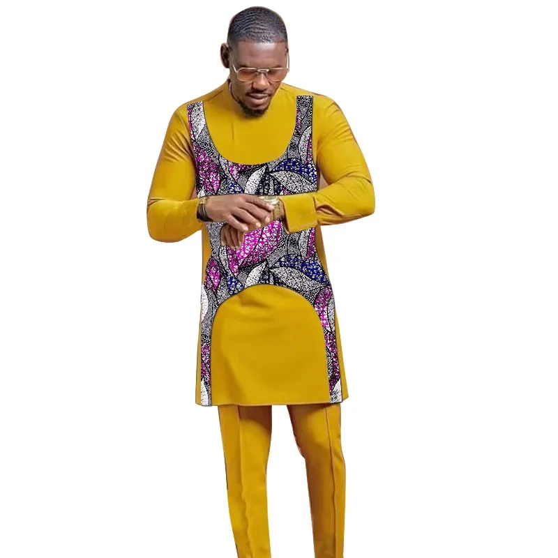 Patchwork Shirt With Solid Pant Yellow Men\'s Groom Suit Male Nigerian Fashion Custom Made African Party Outfits