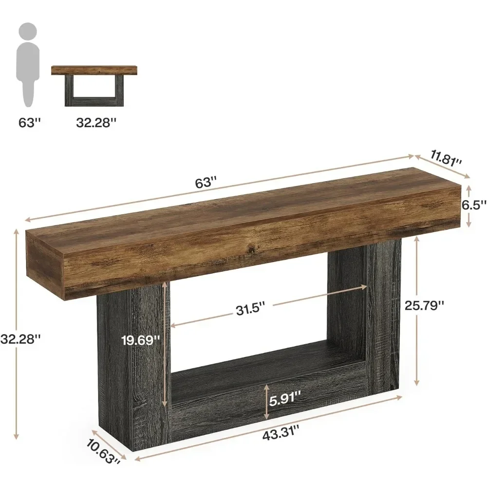 Консольный столик 63 дюйма, 2-уровневый стол для прихожей в фермерском доме с U-образным основанием, узкий длинный деревянный диванный столик за диваном столиком