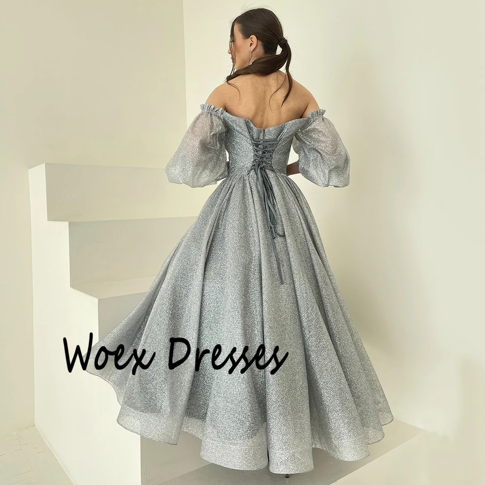 Sukienka wieczorowa z tiulu, drapowana, z odkrytymi ramionami, w kształcie litery A, z krótkimi rękawami, bez pleców, błyszcząca, do kostek, na studniówkę, szyta na miarę.