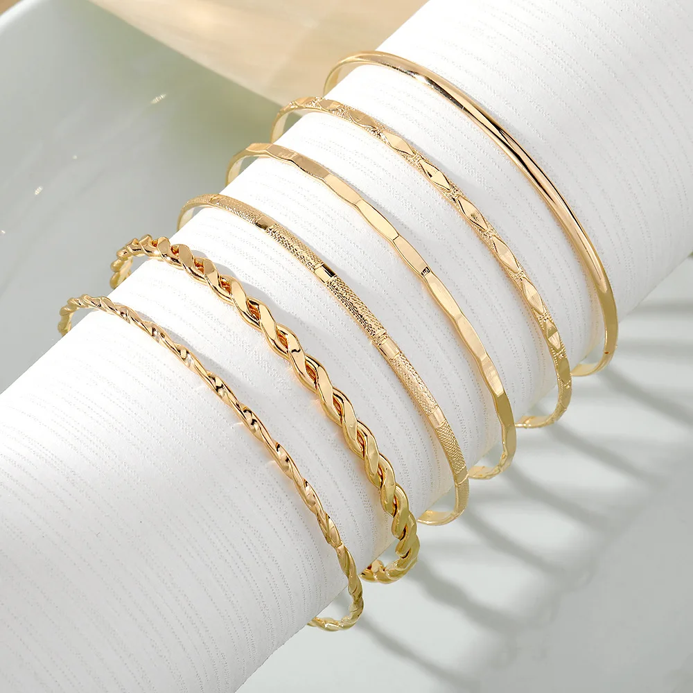 6Pcs/Set New Simple Gold Color Multilayer Bracelet Set for Women Rhomboid Twist Smooth Surface Bangle Jewelry Party Gift