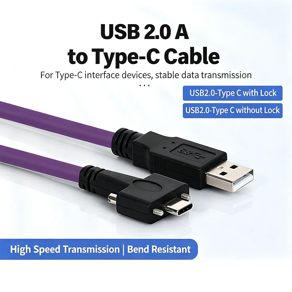 USB 2.0 AM To Type-C Industrial Camera Cable, High Flex Drag Chain Shielded Locking Screw Data Cable for Machine Vision Sensor