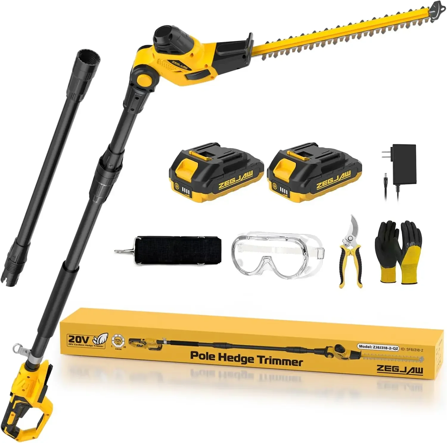 BestsellingCordless Pole Hedge Trimmer 9 Foot Reach Power Tool With Extension Pole 20 Inch Max Multi Angle Two 2.0Ah Batteries F