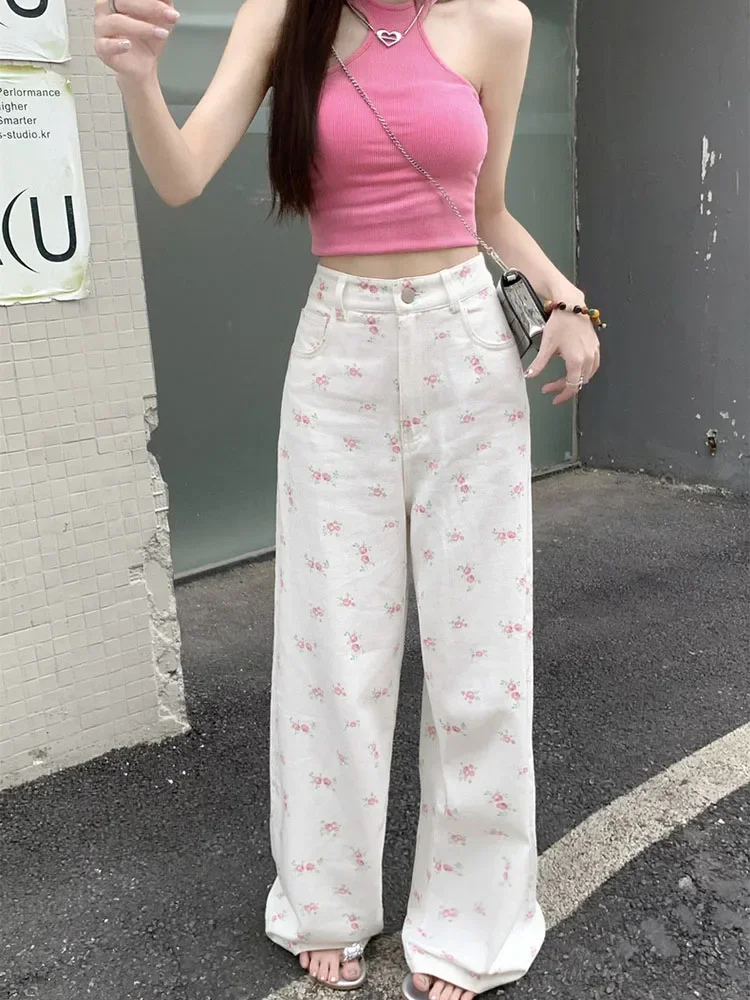 캐주얼 루즈 패션 스트리트 여성 청바지 흰색 꽃 스트레이트 바지 여성 세련된 새로운 높은 허리 슬림 기본 여성 청바지