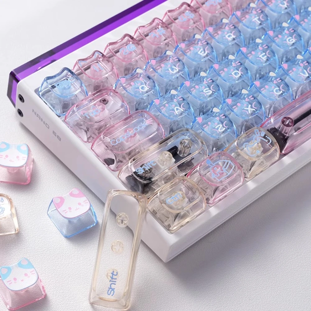 

MAIMOOO Cute Little Lazy Cat Keycap MAO+MOA Profile 79 Keys PC Translucent Custom Keycaps for 61/64/67/68 Mechanical Keyboard