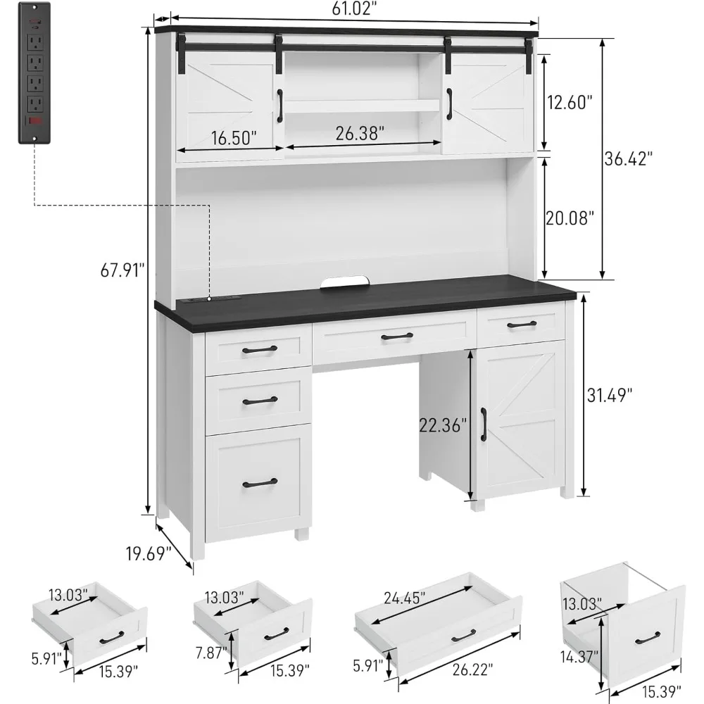 Farmhouse 67''H Executive Desk with Hutch & 5 Drawers, Rustic Office Desk Computer Desk with Charging Station, File Drawers