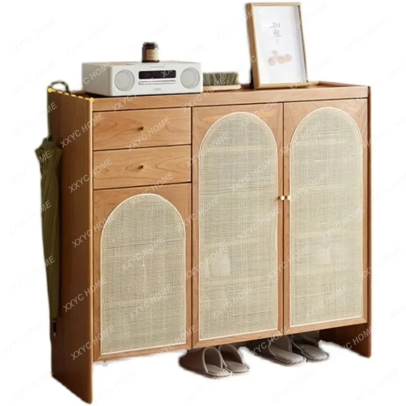

LJapanese Rattan Shoe Cabinet Solid Wood Storage Large Capacity Solid Wood Storage Entrance Cabinet