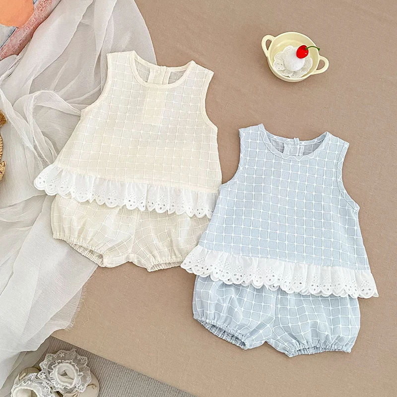 2026 New Summer Korean Style 0-5Yrs Kids Clothes Set Sleeveless Cotton Grid Splicing Vest+Shorts Baby Girl Clothes Suit