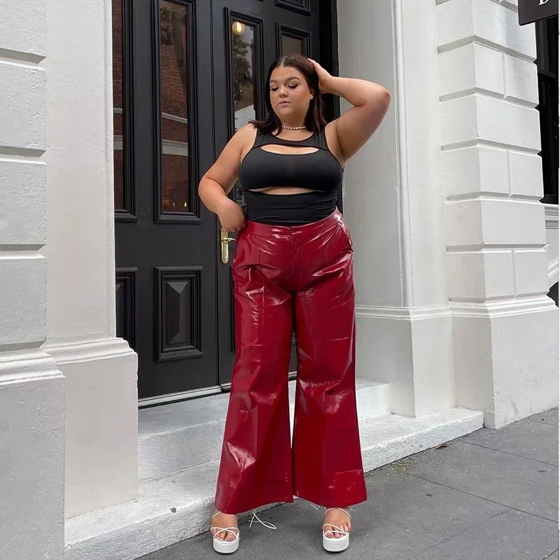 

Plus Size Women Shiny Patent Leather Trousers 7XL High Waist Faux Latex Straight Pants 8XL with Pocket Flare Pants 9XL Clubwear