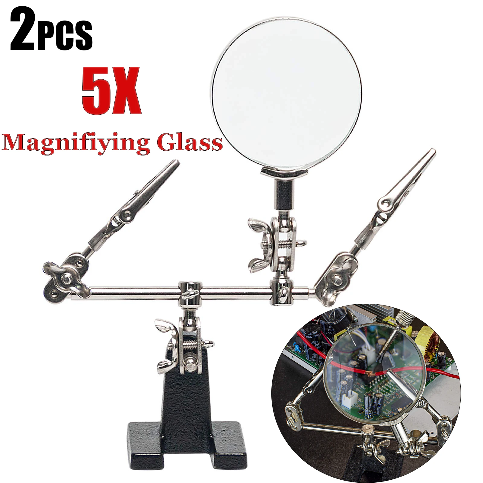 5X Helping Hands Magnifier with Dual Adjustable Alligator Clips Welding Magnifying Glass For Soldering or Jewelry Making