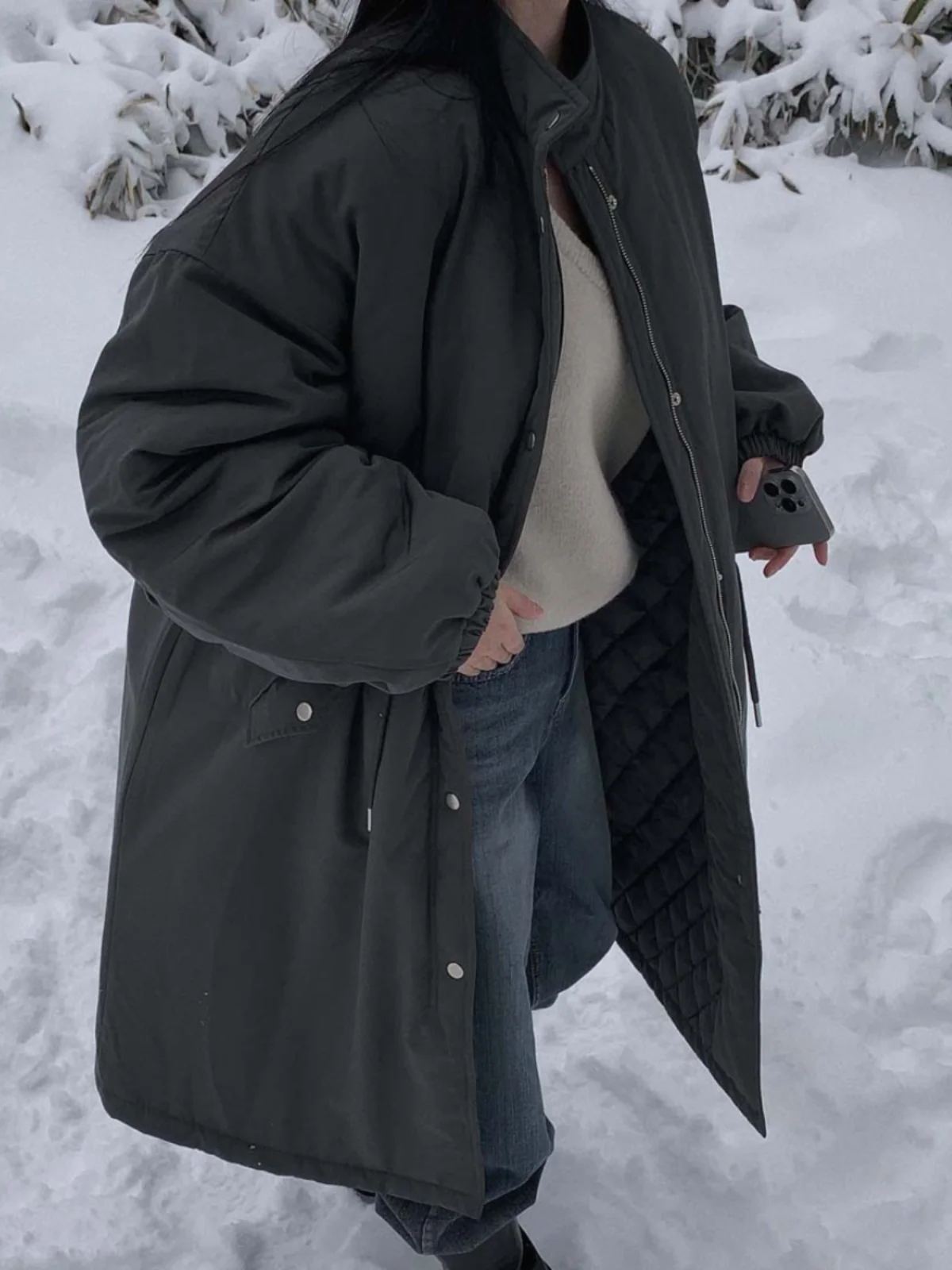 Chic Winter Women's Long Cotton Jacket Coat Drawstring Warm Outerwear Loose Fitting Parka Korean Style Commute Fashion