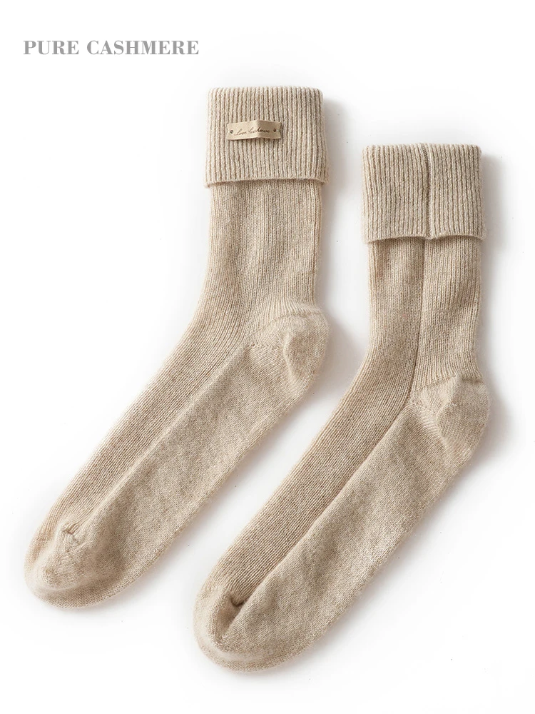 100% Pure Cashmere Lounge Socks Winter Women's Knitted Home Hospital Warm Sleep Soft Mid-Calf Sock Luxurious Christmas Non Slip