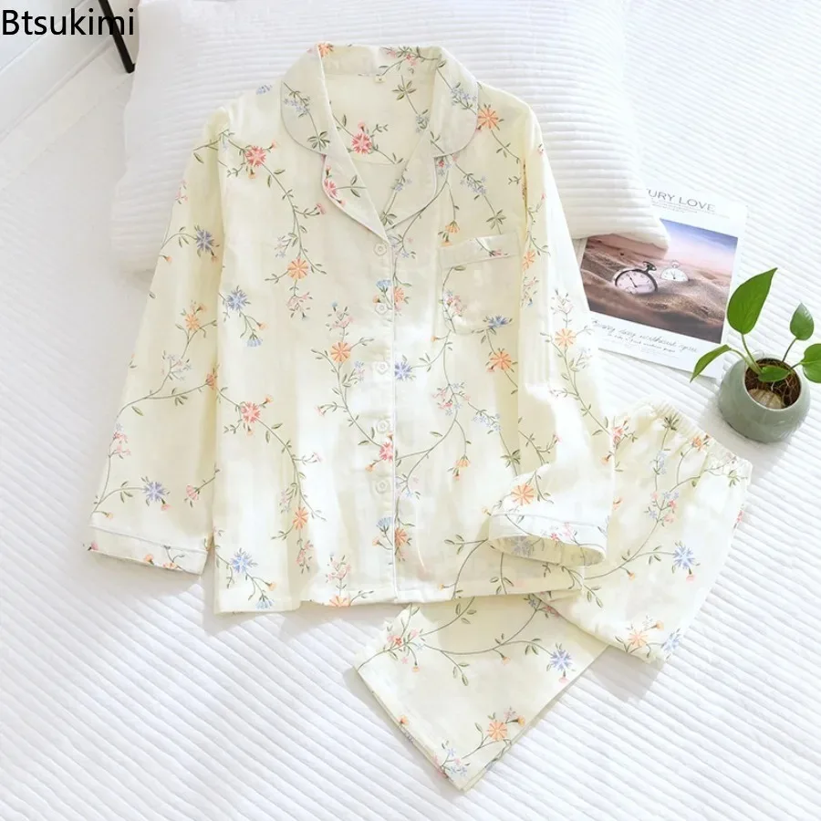 

Женские комплекты домашней одежды из 100% хлопковой марли для весны и лета, повседневные пижамные комплекты с цветочным принтом, отложным воротником и длинными рукавами