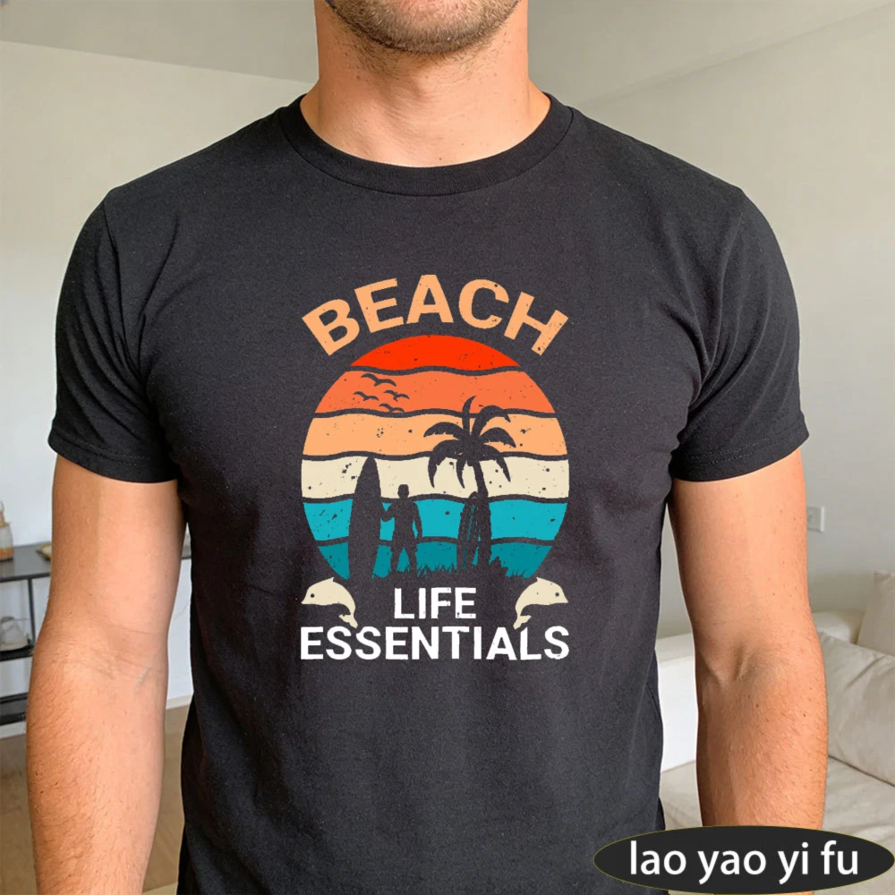 Beach Life Essentials Summer Vintage Sunset Palm Tree Men T-Shirt Cotton Short Sleeve Casual Fashion Top for Beach Holiday Gift