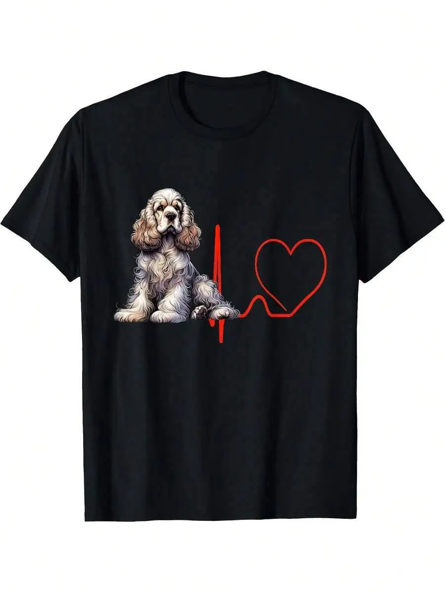 Funny Cocker Spaniel Heartbeat Graphic T-Shirt Vintage Style 180GSM Soft Comfortable Short Sleeve Tee Men, Dad, 100% Cotton