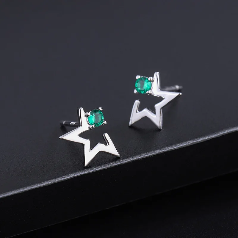 S999 Sterling Silver Five Pointed Star Earrings Female Green Diamond Zircon Ear Stud For Women Fine Jewelry Accessories Gift