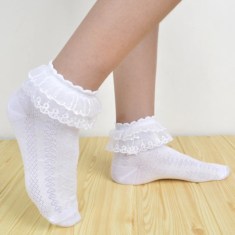 Chaussettes de danse antidérapantes pour enfants, chaussettes courtes d\'été en coton pour enfants, respirantes, maille fine, à volants blancs, pour