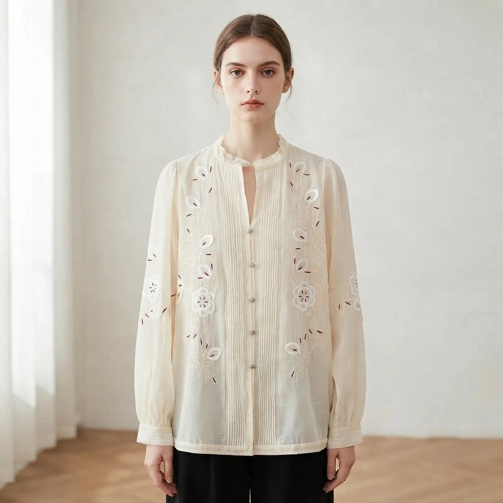 European and American 2026 autumn new style elegant fashion stand collar embroidery transparent organza shirt