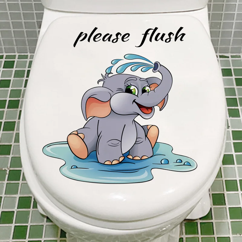 Funny Cute Elephant Toilet Tank Sticker, Waterproof Vinyl Bathroom Wall Decal Please Flush Restroom Home Decor