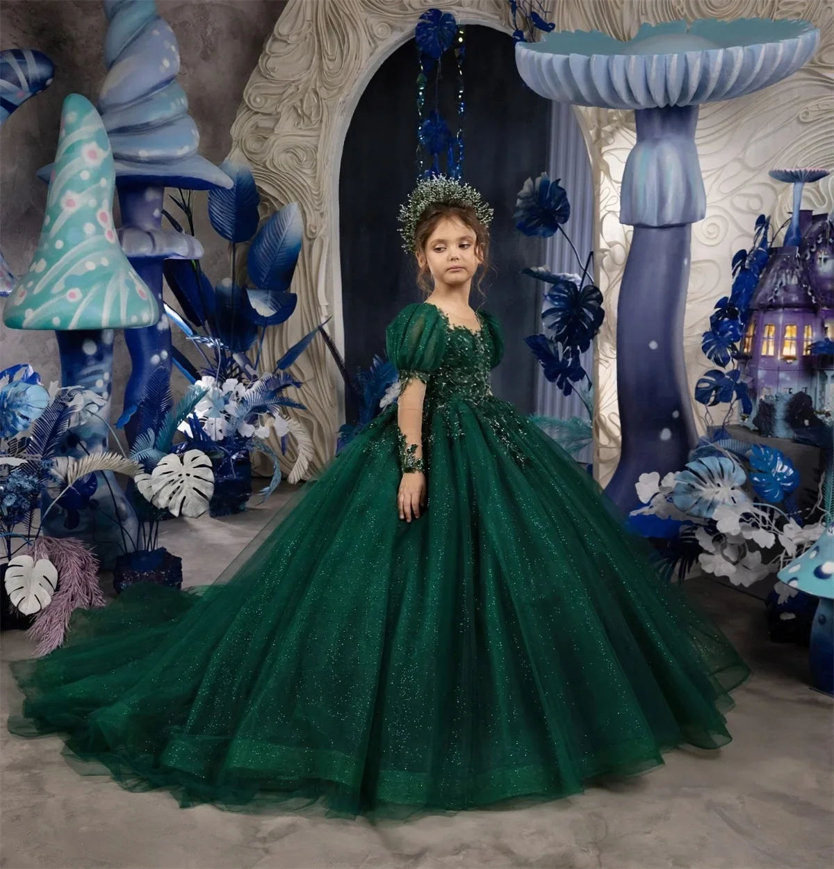custom-luxury-dress-wedding-guest-gown-puff-sleeve-sequined-glitter-tulle-ball-gown-kids-gown-for-luxury-birthday-party-pageant