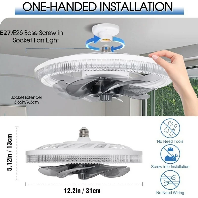 Ceiling Fans with Lights, Socket Fan Light with Remote, Dimmable 3000K-6500K ,Socket Modern Flush Mount Low Profile Ceiling Fan
