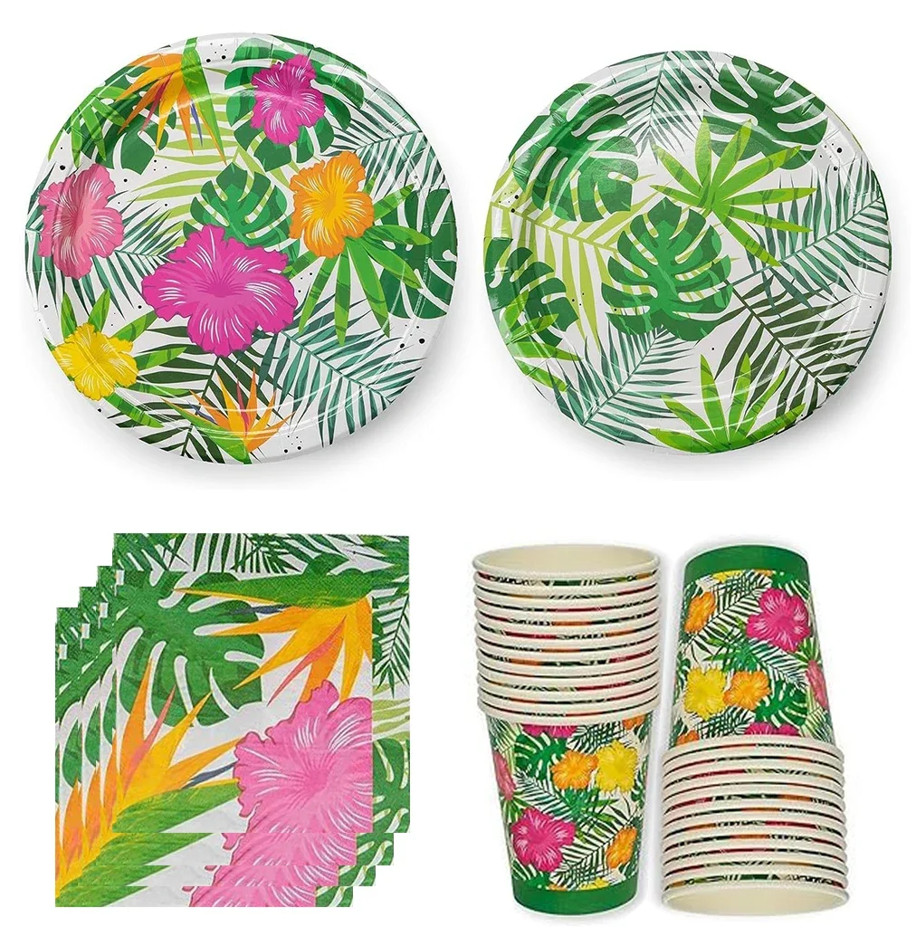 8Guests Hawaii Theme Disposable Tableware Set Tropical Aloha Flower Turtle Leave Plates Napkin Cup Hawaiian Wedding Birthday Dec