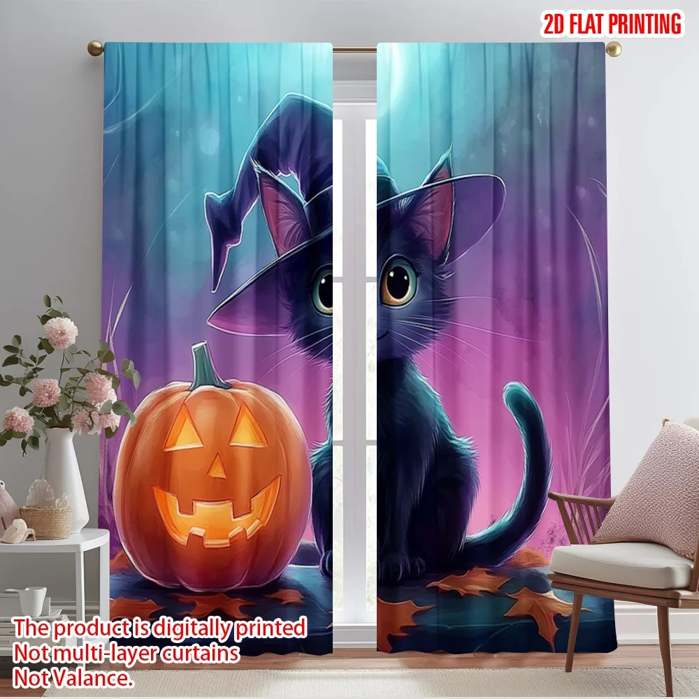 

2pcs 2D flat printing Halloween Party Curtain witch hat Fabric Without Electricity Party Decorations Use for Spring celebrations