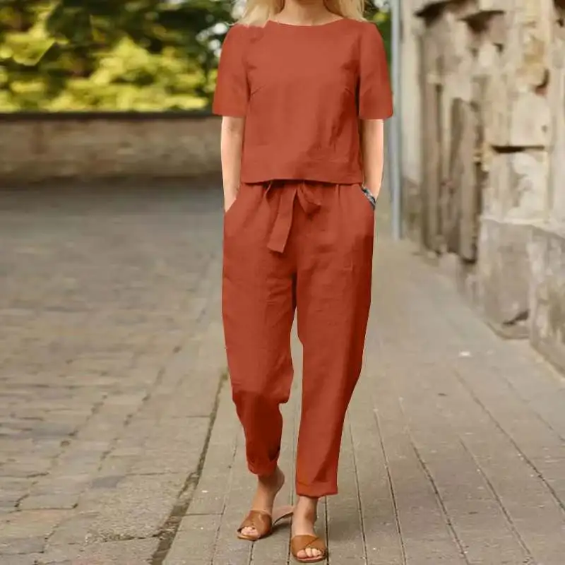 Women\'s Cotton Linen Suit Summer Matching Suit Half-sleeved Round Neck Tie Elastic Waist Trousers Wide-leg Pants Retro Suit