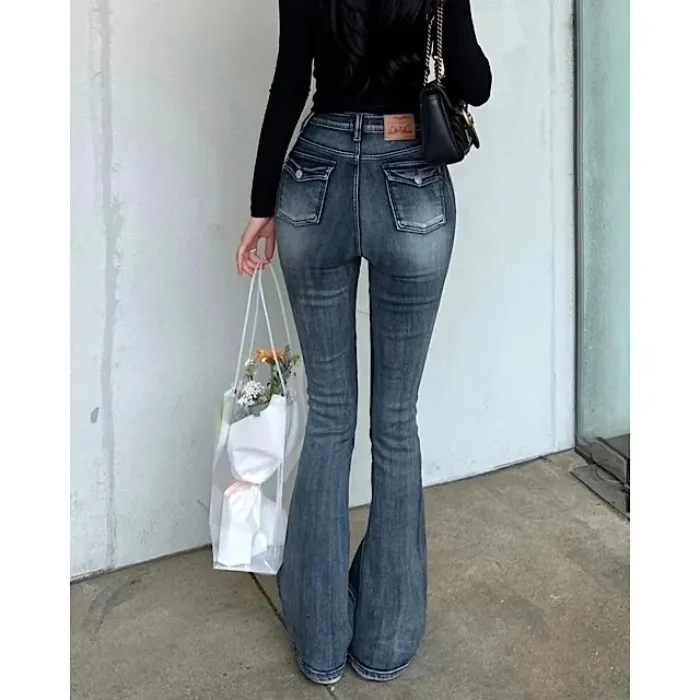 Taille haute coupe ajustée cloche Bot Denim jean femmes printemps été haute Elastici Waed bleu jean rétro Sle dames