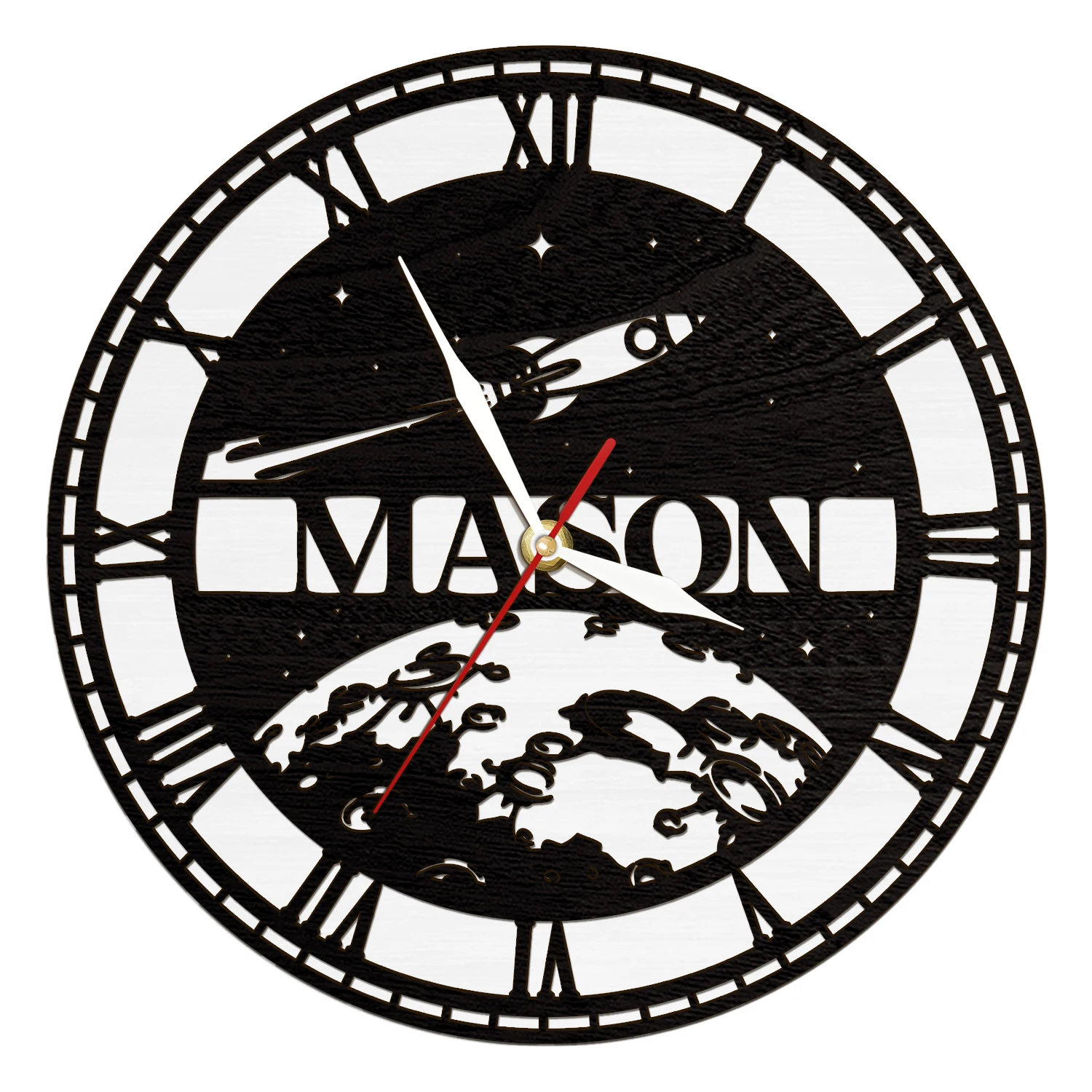 Custom Space Rocket LED Night Light Wall Clock For Boys Bedroom Personalized Kids Name Moon Star Glowing Silhouette Wall Clock