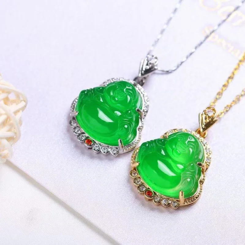

Agate Ice Jade Chrysoprase Buddha Pendant Laughing Buddha Maitreya Buddha Inlay925Silver Clavicle Chain Jade Buddha Pendant Neck