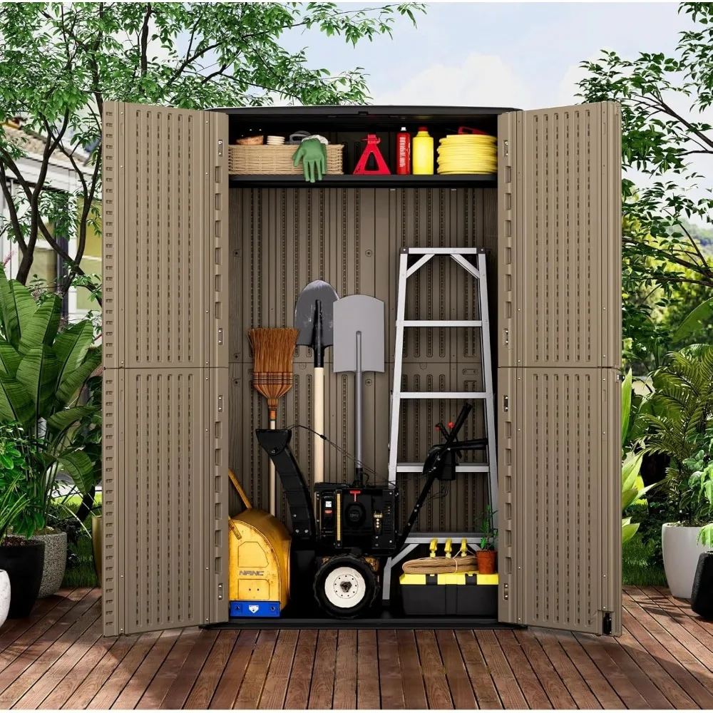 سقيفة تخزين خارجية مقاومة للماء، خزانة راتينج بطول 67 قدم مكعبًا، متينة لأثاث الفناء وأدوات الحدائق وتخزين النفايات