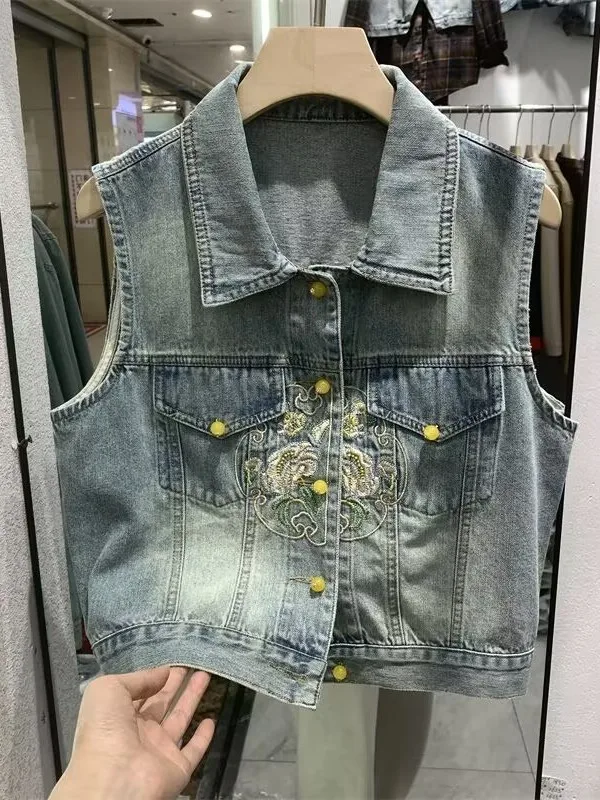 

Джинсовый жилет Ele Chinese Sle ort, женский модный топ с вышивкой на весну и осень, винтажная одежда в национальном стиле для поездок на работу