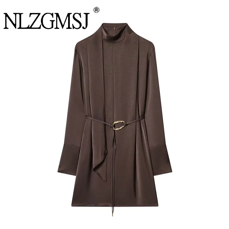 NLZGMSJ 2026 봄 파티 드레스 여성 긴 소매 스카프 칼라 미니 드레스 패션 섹시 새틴 브라운 벨트 드레스