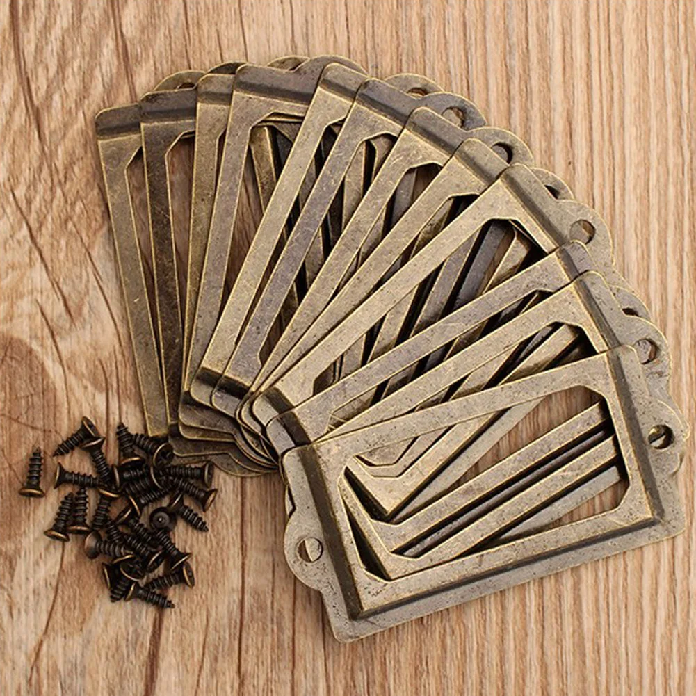 12Pcs Antique Brass Metal Label Pull Frame Handle File Name Card Holder for Furniture Cabinet Drawer Box Case Bin