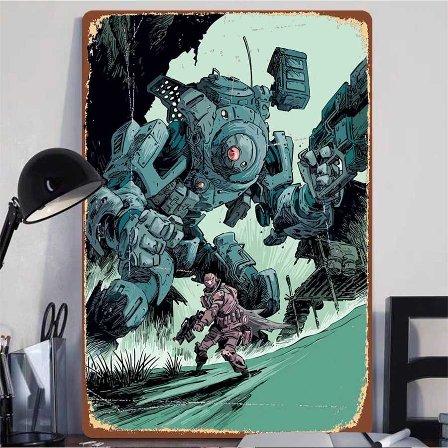 Mecha Warrior vs Giant Robot Metal Iron Painting Retro Industrial Style Wall Decor Living Room Study Game Room Art Hanging